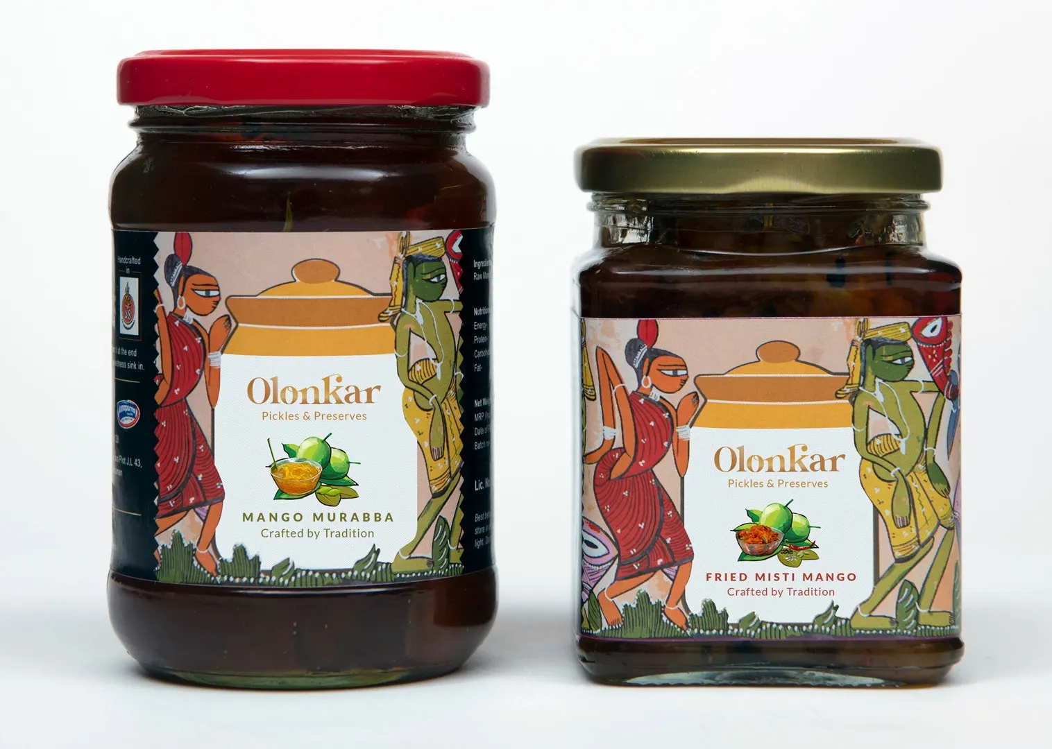 Two jars of Olonkar pickles and preserves: mango murabba and fried misti mango