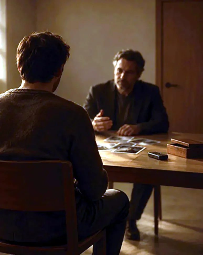 Two men in conversation across a wooden table scattered with old photographs