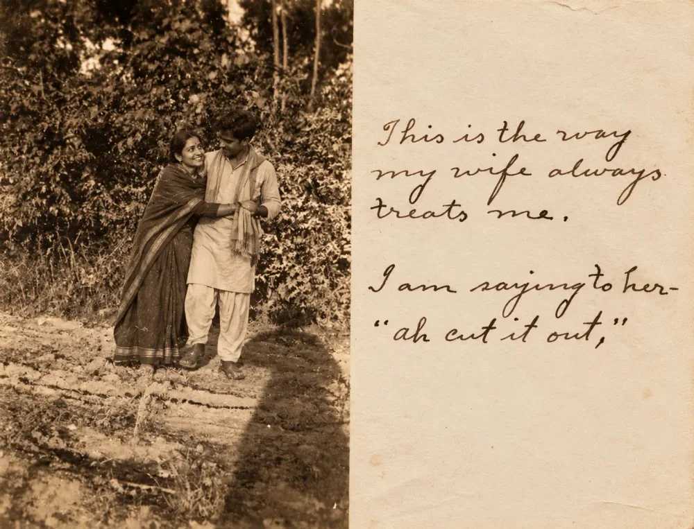 An old photograph of a smiling couple beside a handwritten note