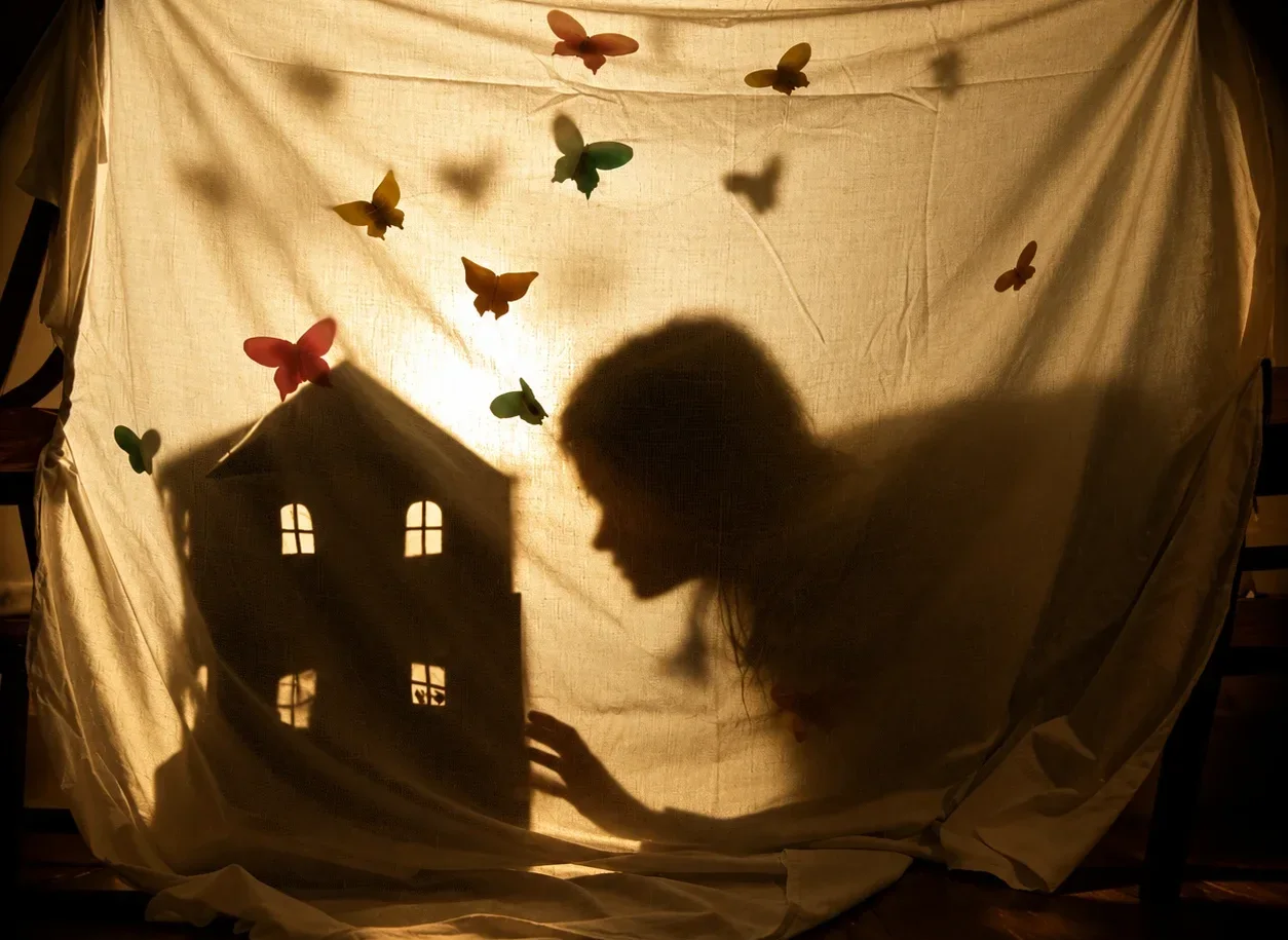 A girl’s shadow on a sheet, reaching for a paper house among paper butterflies