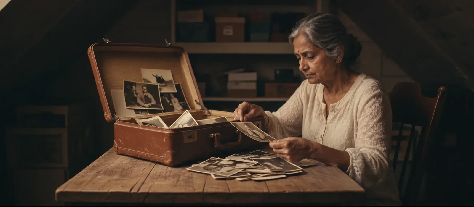 A woman looking through old photographs from an open suitcase
