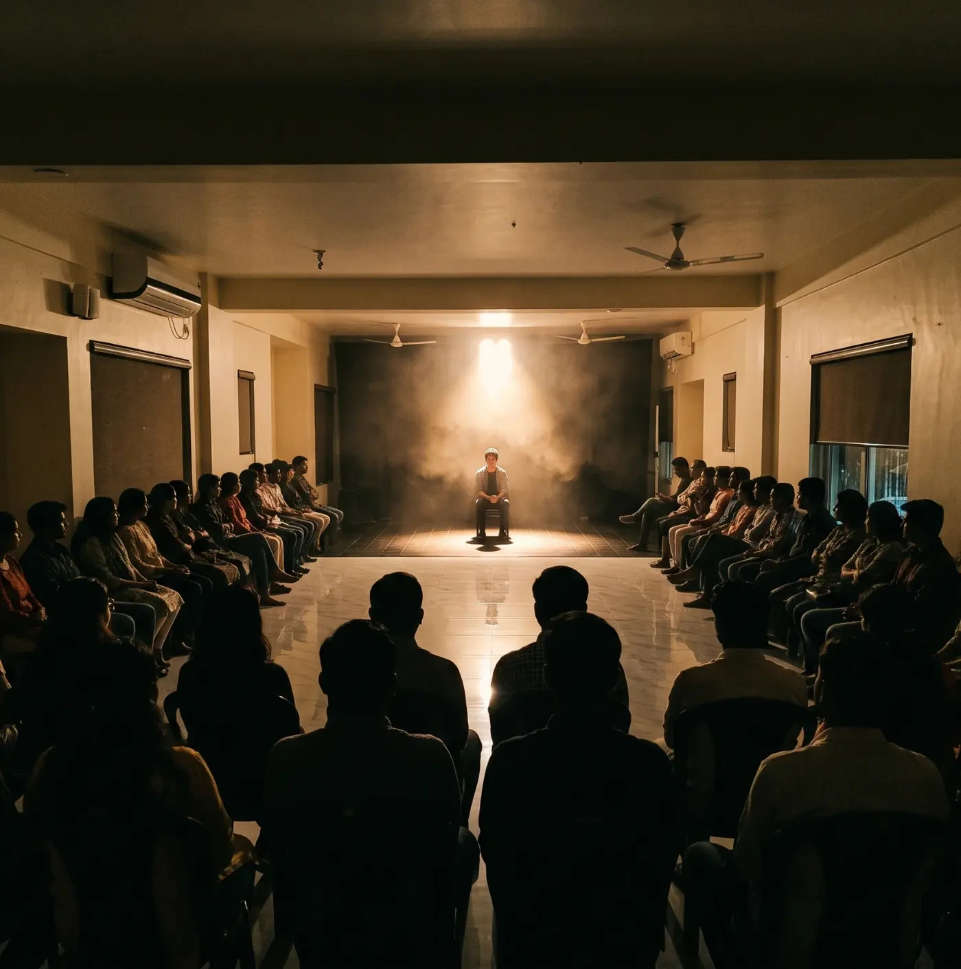 A storyteller seated in a pool of light, with a room of listeners gathered around in the dark