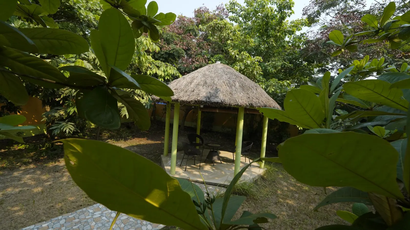 A thatched gazebo with chairs in the garden at Turiyo